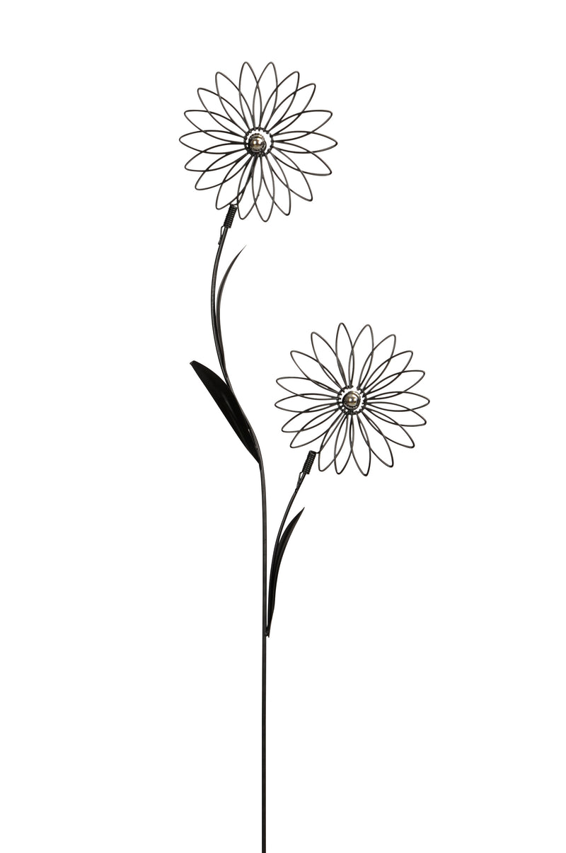 Deko Blumenstecker Blume zwei Blüten mit silberner Kugel in der Mitte Stecker Bodenstecker Gartendeko Stab schwarz lackiert Beetstecker 115 cm hoch