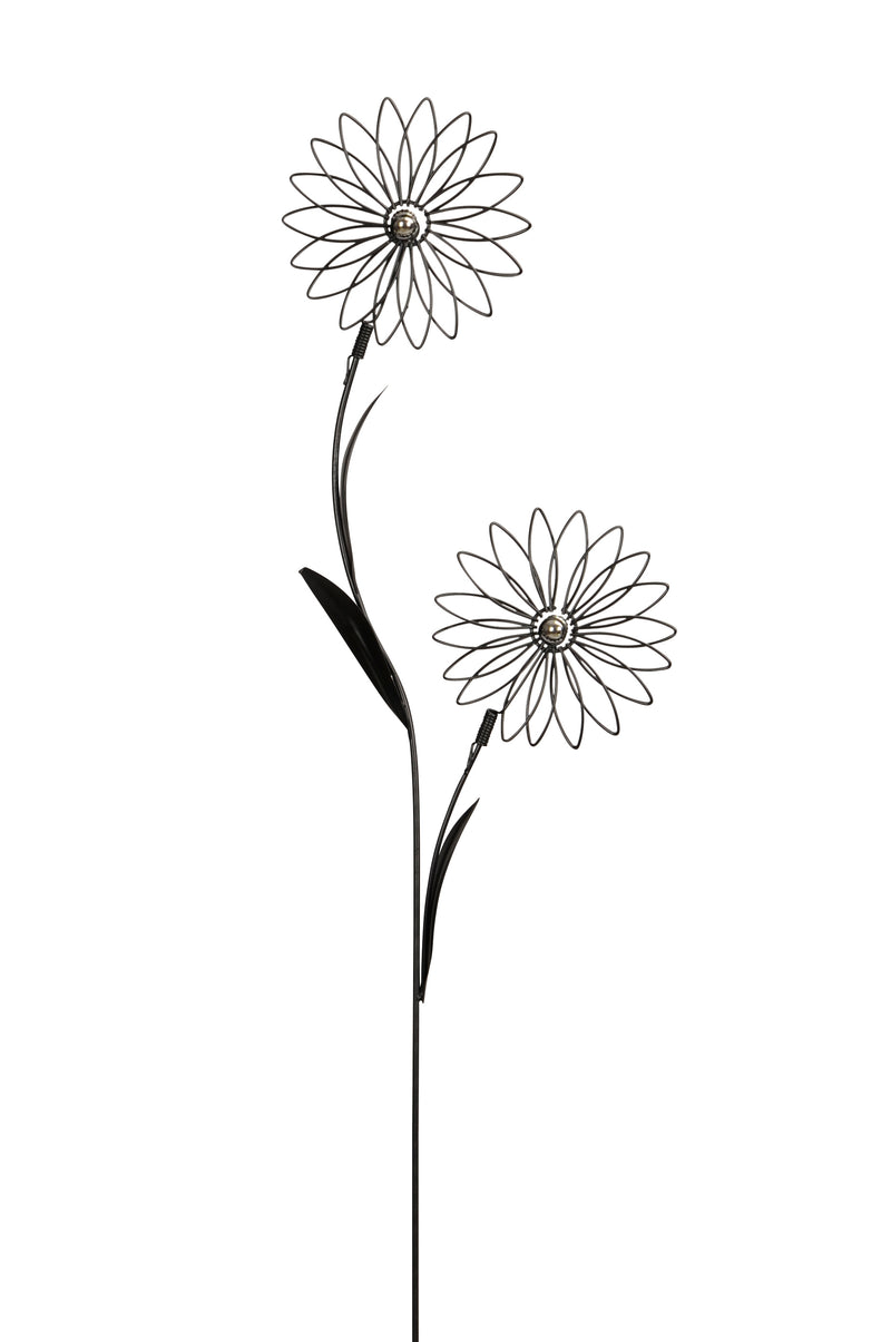 Deko Blumenstecker Blume zwei Blüten mit silberner Kugel in der Mitte Stecker Bodenstecker Gartendeko Stab schwarz lackiert Beetstecker 115cm hoch