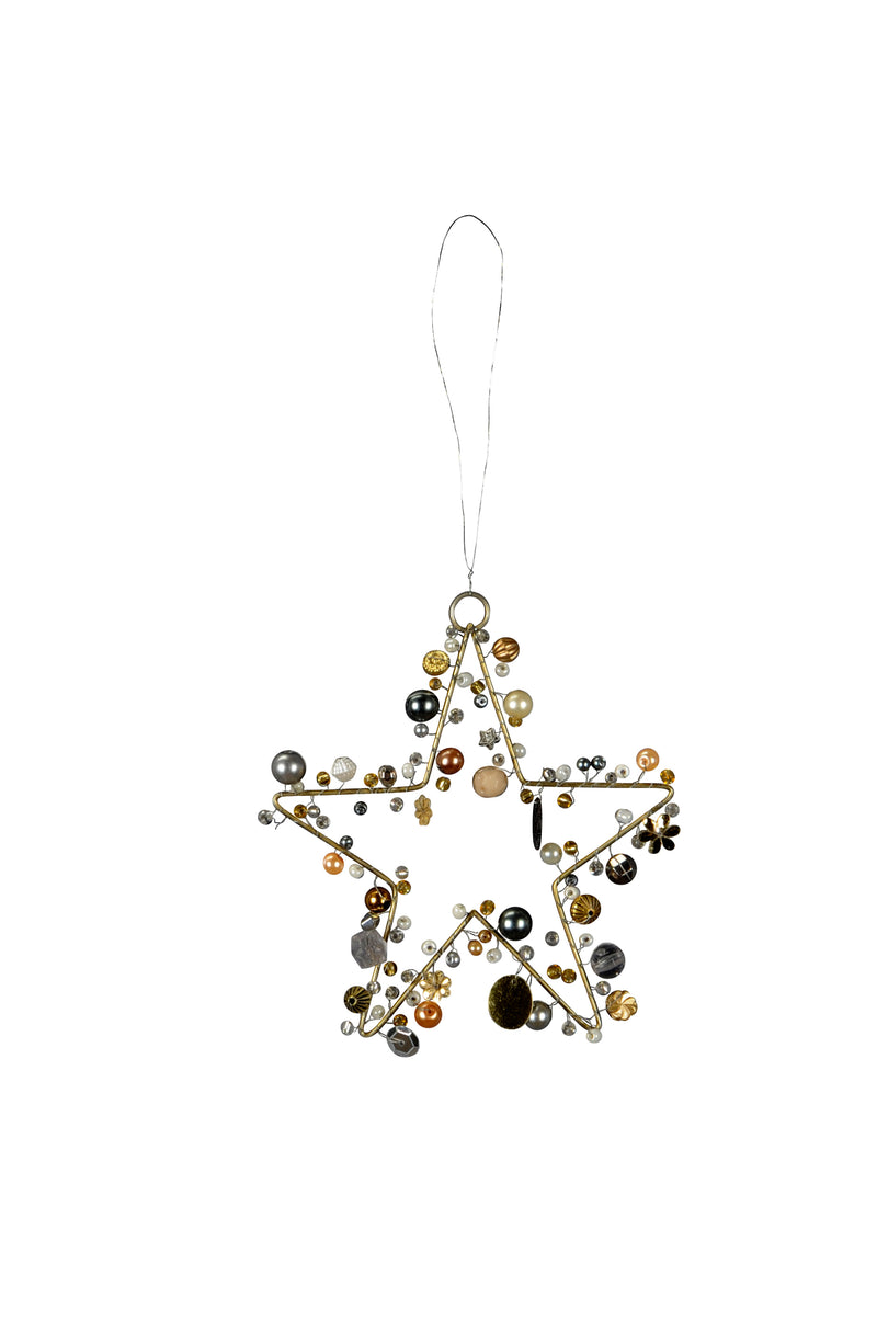 1 Stück Hänger Stern mit Perlen Draht Weihnachten Christbaumschmuck Fensterdekoration grau gold 12cm + 10cm Schnurlänge