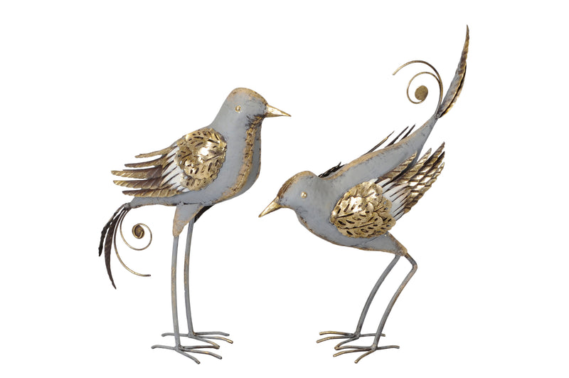Gartendeko Wohndekoration Vogel pickend oder gerade stehend Figur grau-gold Metall groß zum Stellen Deko 32/11/36,5cm