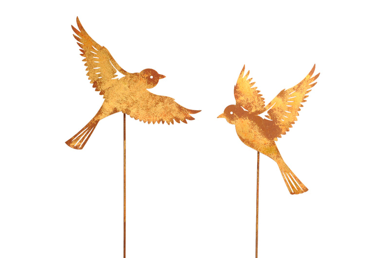 Deko Gartenstecker Vogel flatternd oder gleitend Stecker Bodenstecker Gartendeko Stab braun/gold lackiert Beetstecker 34cm breit x 102cm hoch