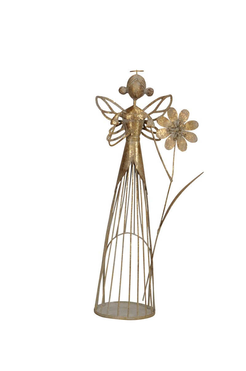 Dekoration Frühling Weihnachtsdeko Weihnachten Engel mit Blume zum Hinstellen antik-gold  OptikMetall Rost Deko 33cm hoch