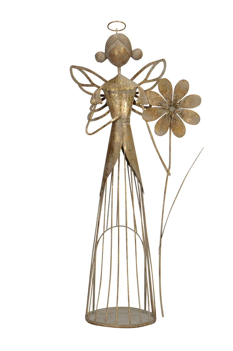 Dekoration Frühling Weihnachtsdeko Weihnachten Engel mit Blume zum Hinstellen antik-gold  OptikMetall Rost Deko 33cm hoch