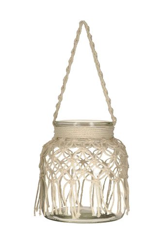 Glaswindlicht Hängeglas mit Makramee Boho Garten Laterne transparentes Glas Windlicht Höhe 16cm Durchmesser 13,5cm
