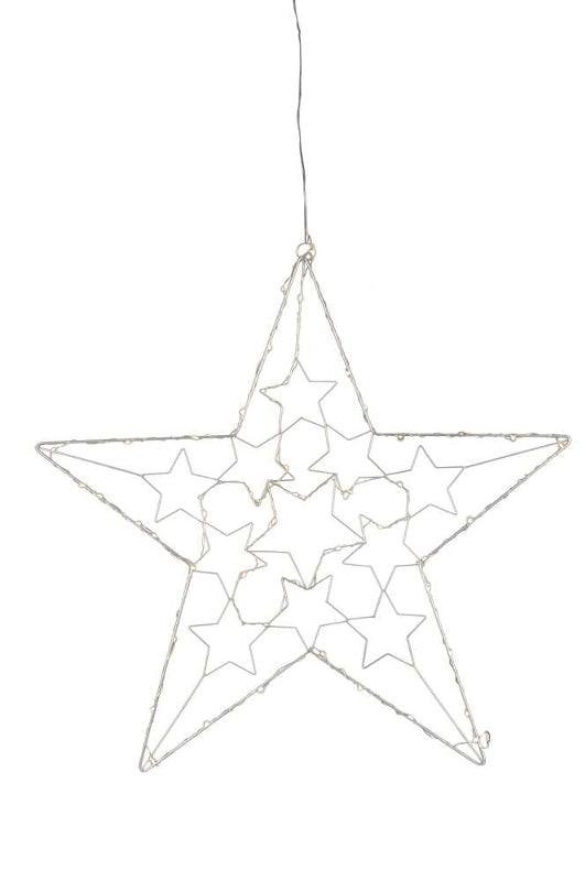 Stern LED zum Hängen Metall Weihnachten Beleuchtung mit Batteriehalter und Timer Deko silber 68cm hoch x 68cm breit indoor outdoor