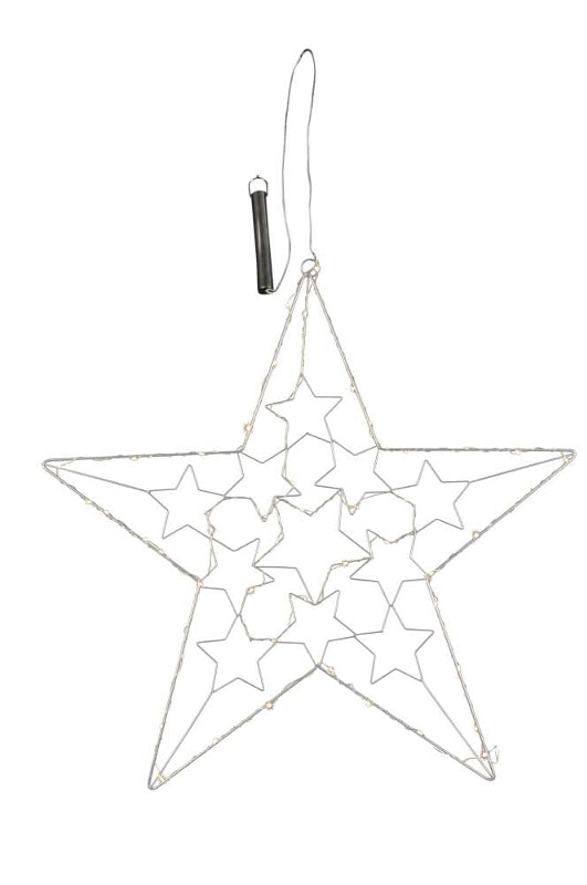 Stern LED zum Hängen Metall Weihnachten Beleuchtung mit Batteriehalter und Timer Deko silber 68cm hoch x 68cm breit indoor outdoor