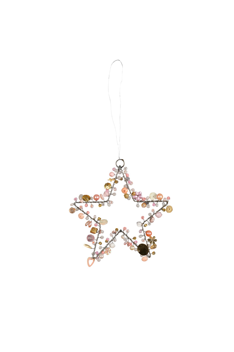 1 Stück Hänger Stern mit Perlen Draht Weihnachten Christbaumschmuck Fensterdekoration rosa gold 12cm + 10cm Schnurlänge