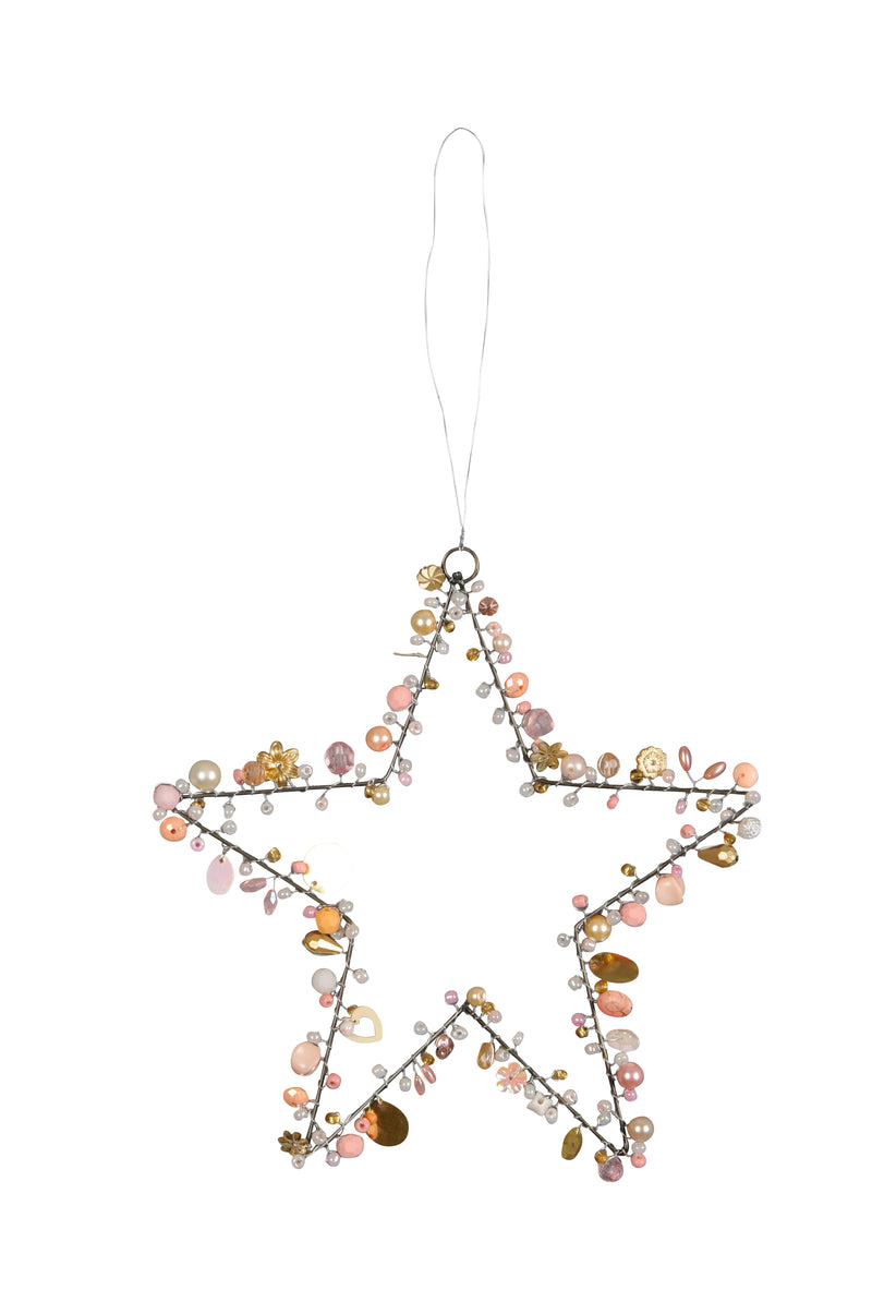 1 Stück Hänger Stern mit Perlen Draht Weihnachten Christbaumschmuck Fensterdekoration rosa gold 17cm + 12cm Schnurlänge