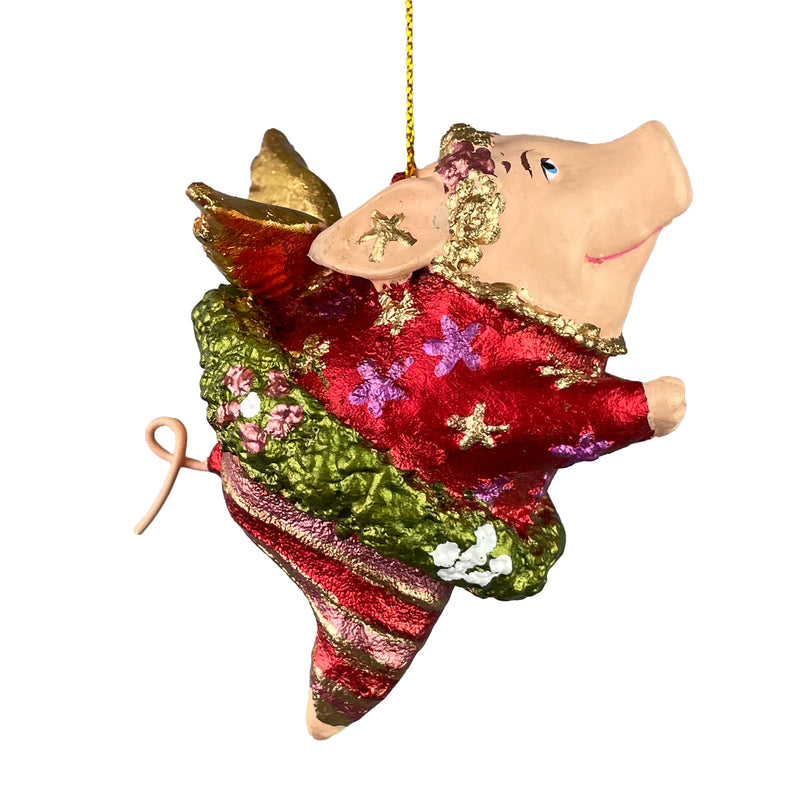 Christbaumschmuck Figur "Schwein mit Flügeln" Hänger Weihnachten grün-rot 8,5 cm hoch