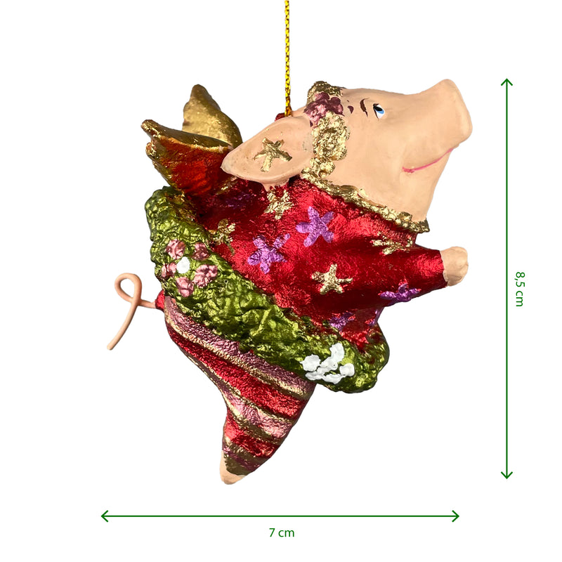 Christbaumschmuck Figur "Schwein mit Flügeln" Hänger Weihnachten grün-rot 8,5 cm hoch