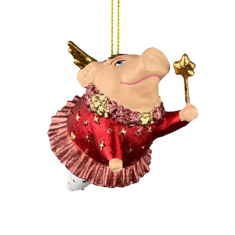 Christbaumschmuck Figur "Schwein mit Flügeln und Stern" Hänger weiß-rot Weihnachten 9,5 cm hoch
