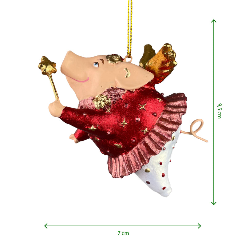 Christbaumschmuck Figur "Schwein mit Flügeln und Stern" Hänger weiß-rot Weihnachten 9,5 cm hoch