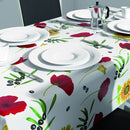 Wachstuchtischdecke "Basique white" mit Sonnenblumen, Mohn und Oliven 1,4m Breite Länge wählbar