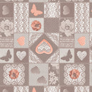 Wachstuchtischdecke PVC "Cottage" apricot beige-braun Blumen  Herzen Schmetterlinge 1,4m Br. Meterware