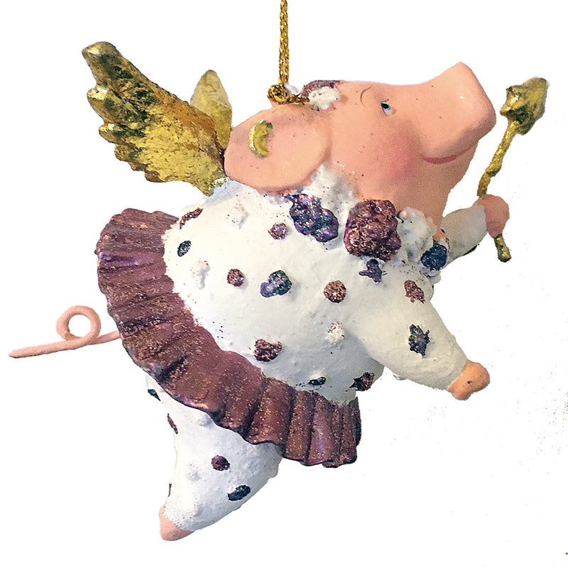 Christbaumschmuck Figur "Schwein mit Flügeln" Hänger weiß-lila-gold mit Stern 10cm