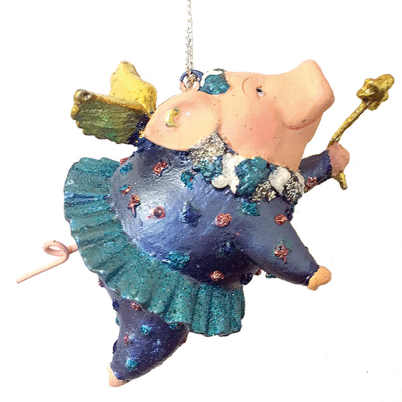 Christbaumschmuck Ballerina Schwein mit Flügeln und Stern blau-türkis 10cm hoch