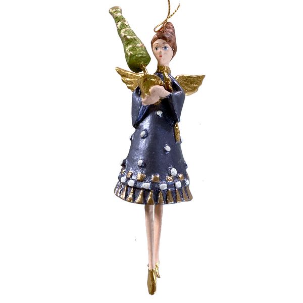 Christbaumschmuck Engel in einem dunkelblau-goldenen Kleid Weihnachten Ornament Anhänger mit Bäumchen 16cm hoch