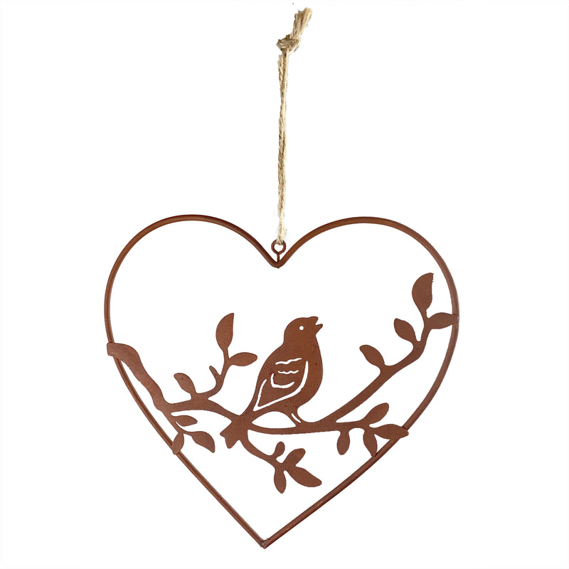 2-er Set Hänger Herz mit Vogel Rost Metall Ornament Ostern Frühling Fensterdekoration mit Schnur zum Aufhängen Deko sortiert