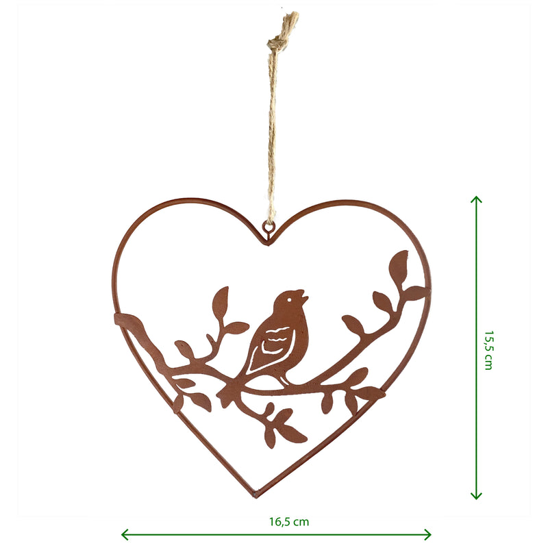 2-er Set Hänger Herz mit Vogel Rost Metall Ornament Ostern Frühling Fensterdekoration mit Schnur zum Aufhängen Deko sortiert