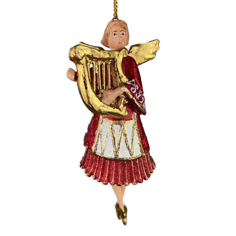 Christbaumschmuck Engel in einem rot-weißen Kleid  und einer goldenen Harfe Baumschmuck 14cm hoch