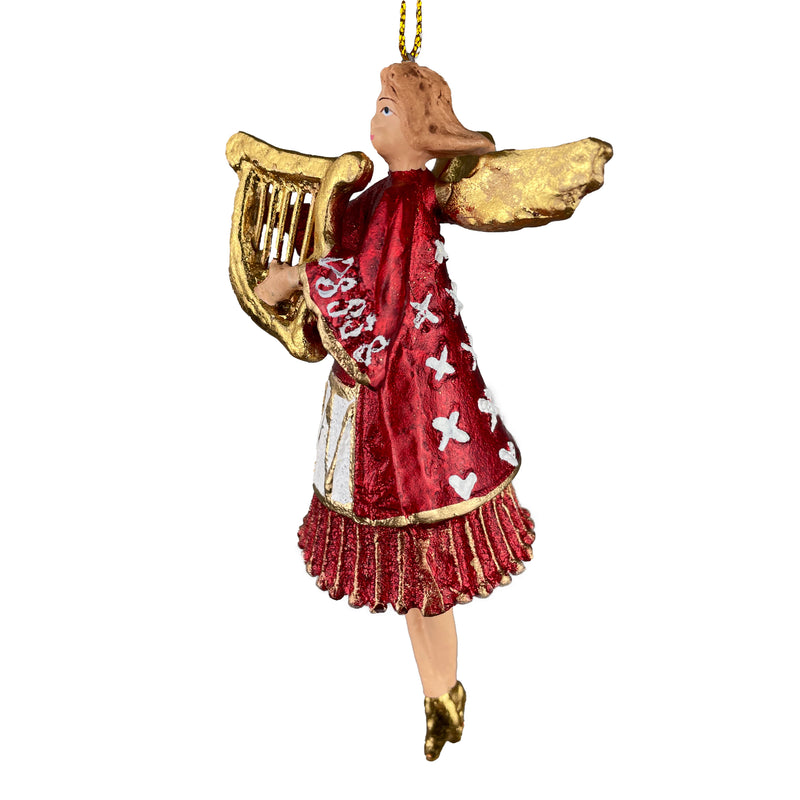 Christbaumschmuck Figur Engel rot-weiß-gold mit Harfe Hänger Weihnachten Baumschmuck 14cm