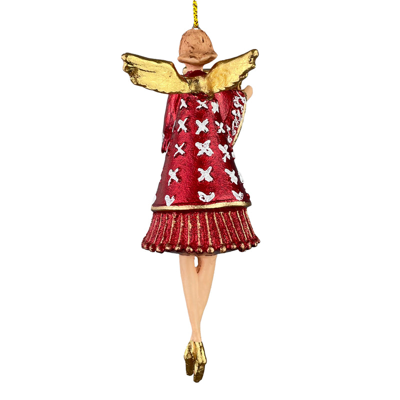 Christbaumschmuck Engel in einem rot-weißen Kleid  und einer goldenen Harfe Baumschmuck 14cm hoch
