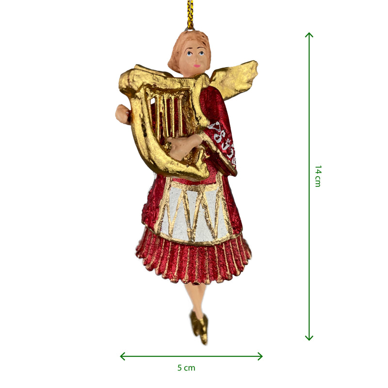 Christbaumschmuck Engel in einem rot-weißen Kleid  und einer goldenen Harfe Baumschmuck 14cm hoch