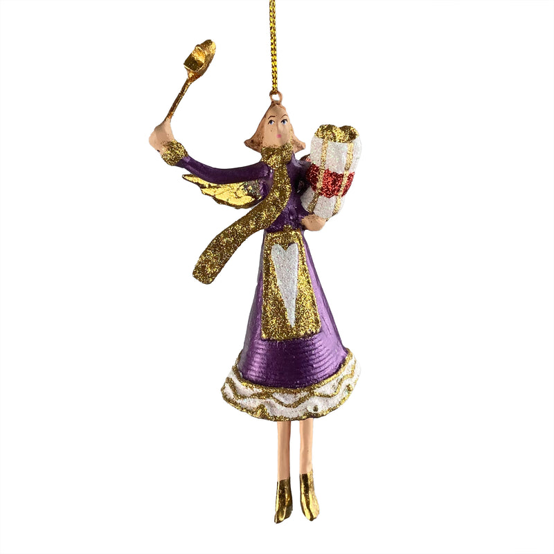 Christbaumschmuck Figur Engel lila-weiß mit Stern und Geschenken Hänger Baumschmuck 13cm hoch