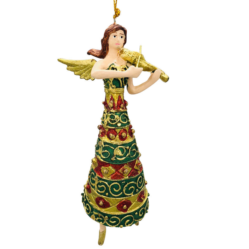 Christbaumschmuck Figur Engel mit Geige grün rot goldenes Kleid Baumschmuck 15cm