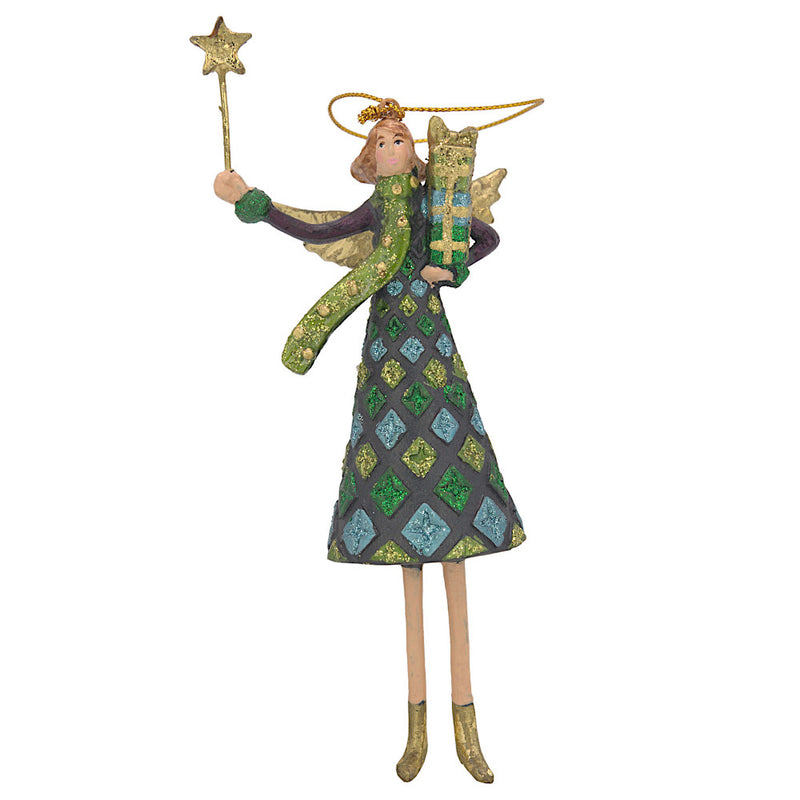 Christbaumschmuck Figur Engel mit Geschenk und Stern blau grün gold Baumschmuck 15cm