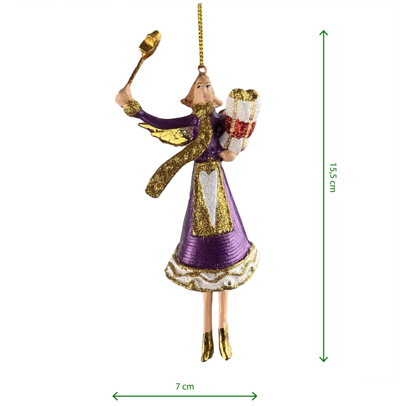 Christbaumschmuck Figur Engel lila-weiß mit Stern und Geschenken Hänger Baumschmuck 13cm hoch