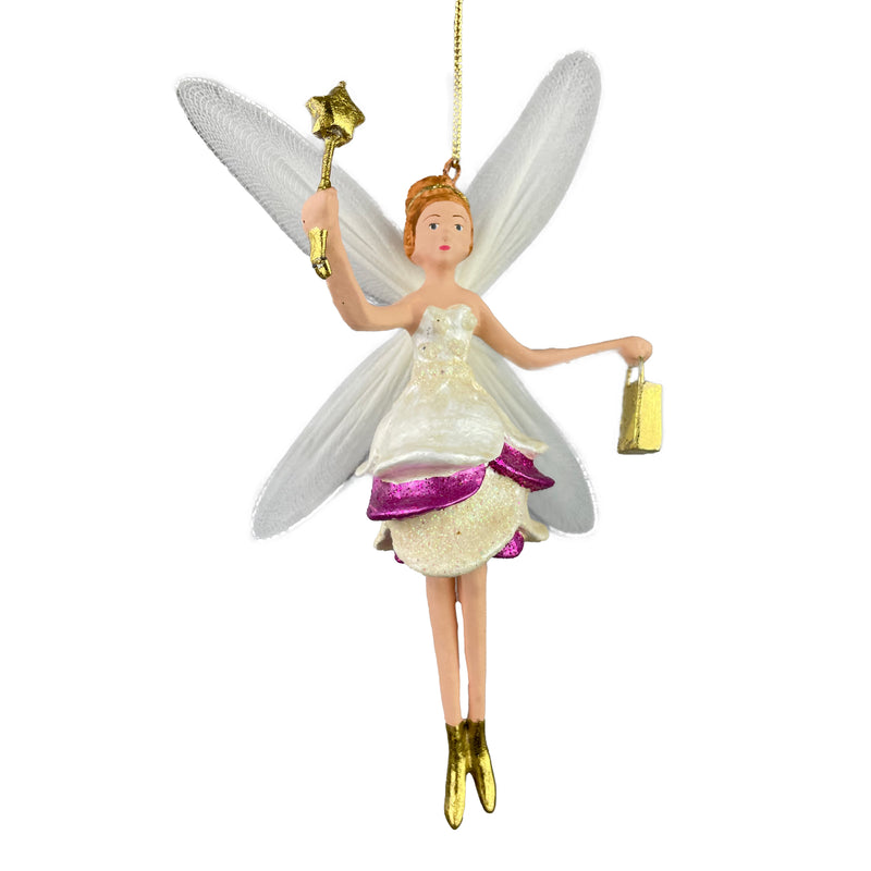 Christbaumschmuck Figur Elfe mit Stern und Tasche Schmetterlingselfe Fee weiß-lila-gold Hänger 17 cm