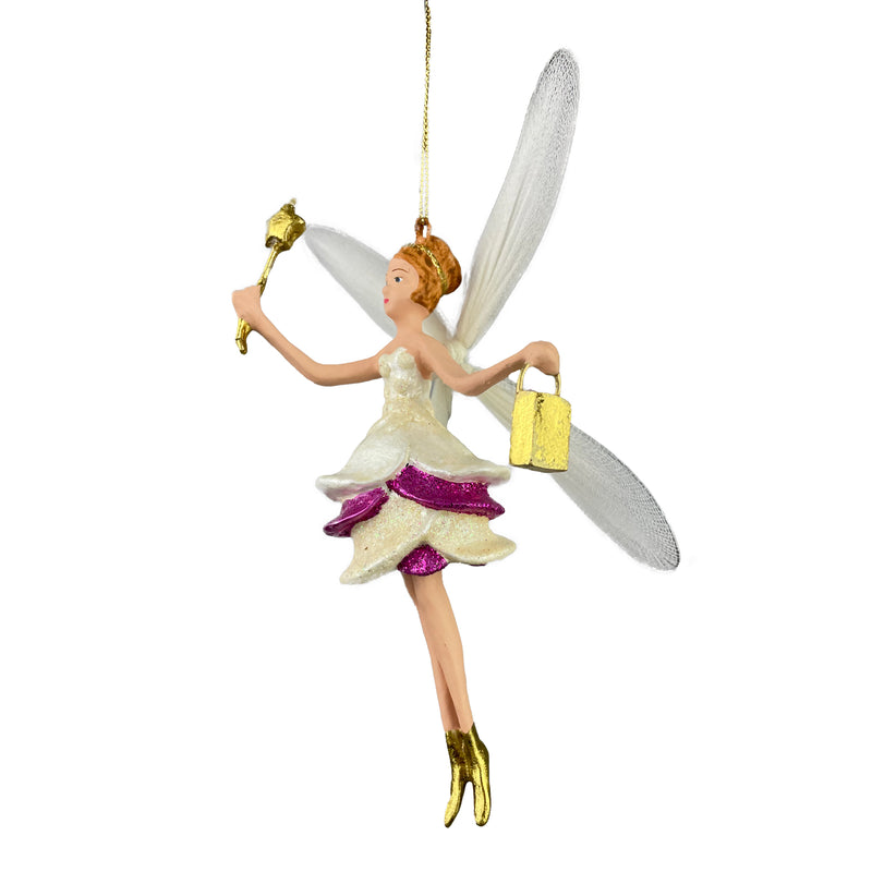 Christbaumschmuck Figur Elfe mit Stern und Tasche Schmetterlingselfe Fee weiß-lila-gold Hänger 17 cm