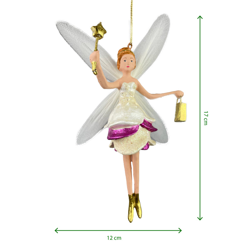 Christbaumschmuck Figur Elfe mit Stern und Tasche Schmetterlingselfe Fee weiß-lila-gold Hänger 17 cm