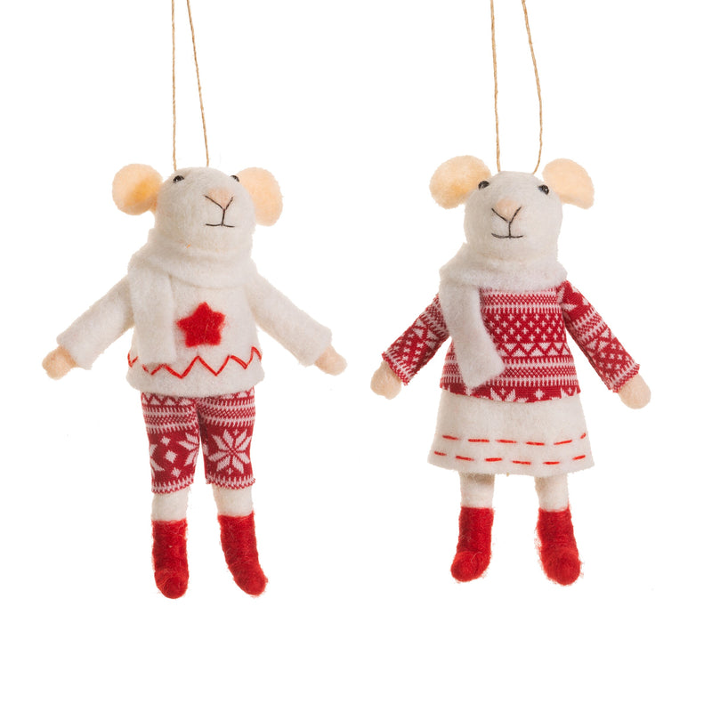 2 Stück Christbaumschmuck Deko Hänger Filz Maus mit rotem und weißem Pullover weiß rot in 2 Ausführungen sortiert weich B/H: 8cm/14cm leicht Weihnachten