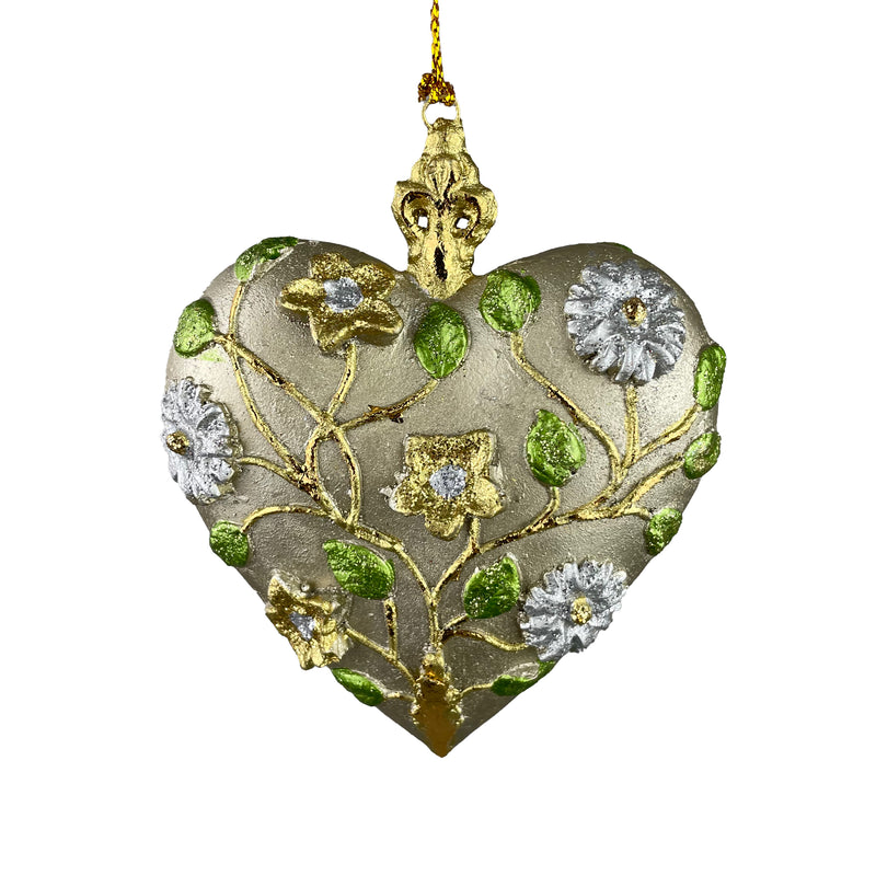 Hänger Christbaumschmuck Figur Deko Herz breit gold-blumig Weihnachten Handarbeit 10,5cm hoch