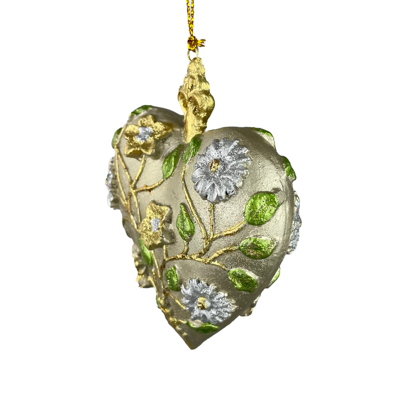 Hänger Christbaumschmuck Figur Deko Herz breit gold-blumig Weihnachten Handarbeit 10,5cm hoch