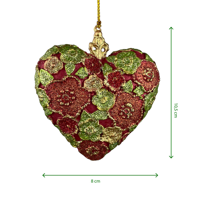 Hänger Christbaumschmuck Figur Deko Herz breit rot-grün-gold blumig Weihnachten Handarbeit 10,5cm hoch