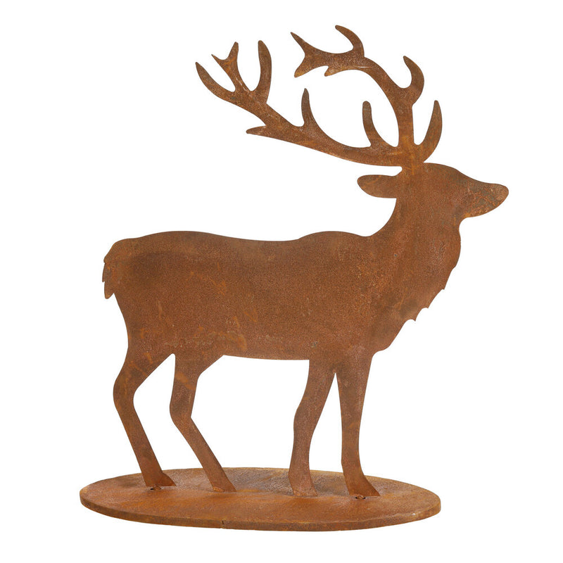 Gartendekoration Hirsch stehend mit Platte aus Metall mit Edelrost zum Hinstellen Advent Weihnachten 68cm/23,5cm/67cm