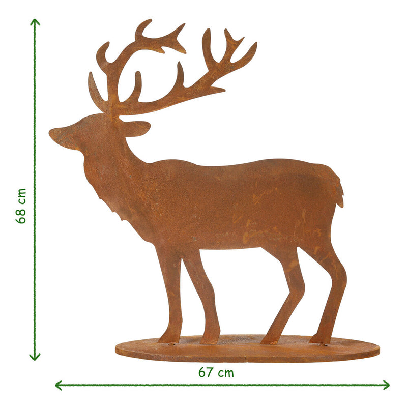 Gartendekoration Hirsch stehend mit Platte aus Metall mit Edelrost zum Hinstellen Advent Weihnachten 68cm/23,5cm/67cm