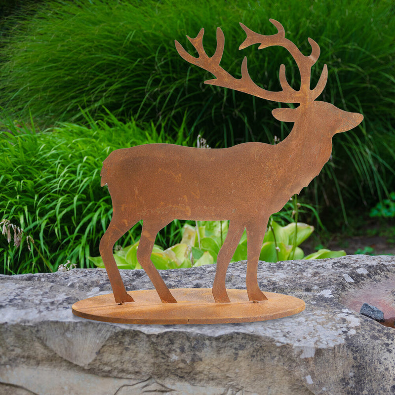 Gartendekoration Hirsch stehend mit Platte aus Metall mit Edelrost zum Hinstellen Advent Weihnachten 68cm/23,5cm/67cm