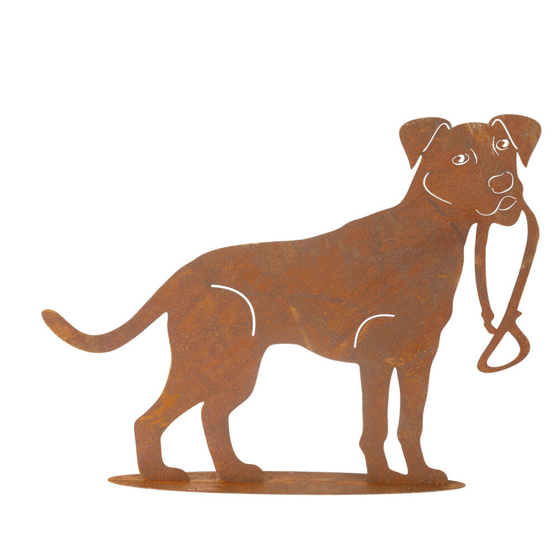 Gartendekoration Hund stehend mit Leine auf Platte Metall Rost Deko zum Hinstellen 60cm x 79cm