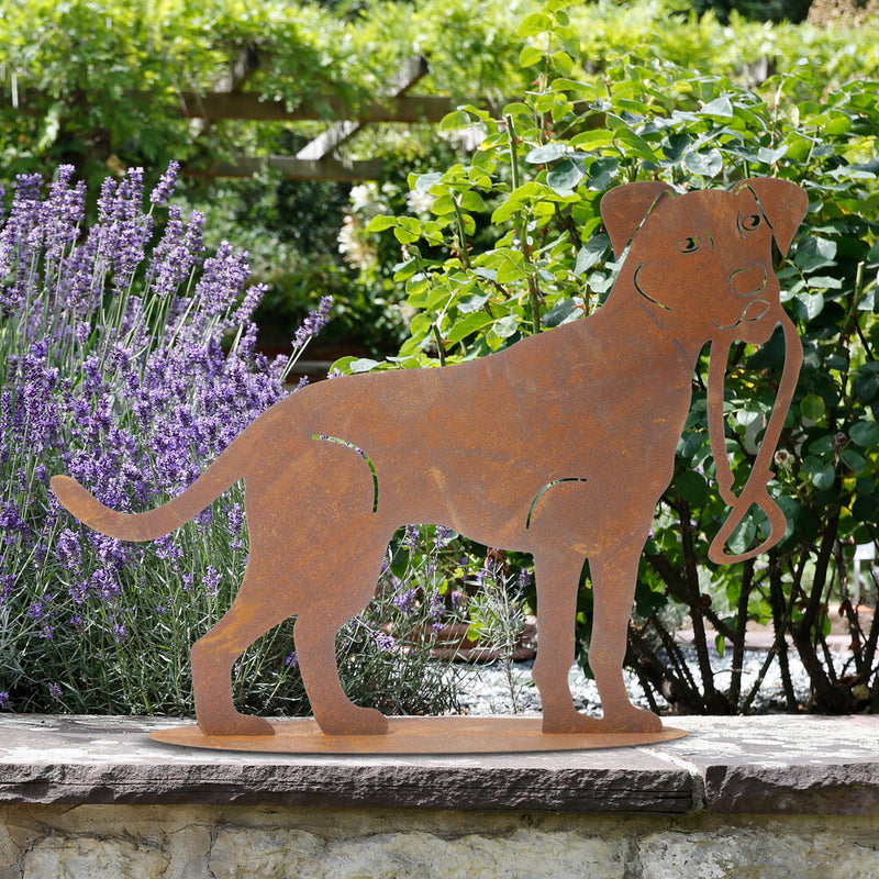 Gartendekoration Hund stehend mit Leine auf Platte Metall Rost Deko zum Hinstellen 60cm x 79cm