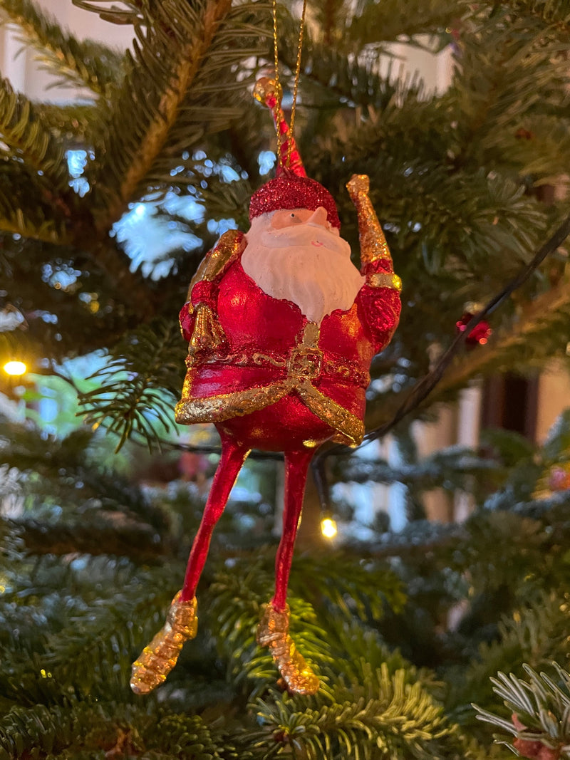 Baumschmuck Weihnachtsmann mit langen Beinen, Baum und Geschenksäckchen in rot gold Anhänger Ornament 17,5 cm
