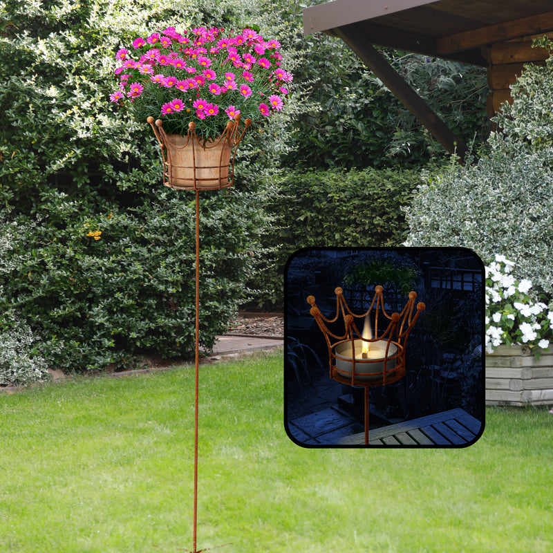 Kerzenhalter Blumenhalter Krone in 3 Größen Rost Deko Leuchtfeuer Krone Gartendeko Stab Edelrost