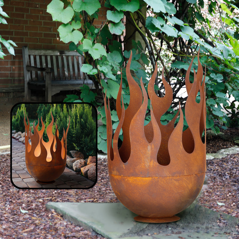 Gartendeko Feuertopf zum Bepflanzen Metall Rost Deko Gartenskulptur Schale Pflanztopf Flamme 31cm/54cm