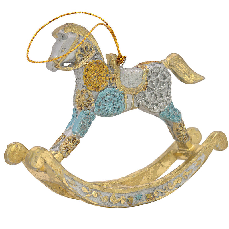 Christbaumschmuck Figur Schaukelpferd hellblau-gold Hänger 13 cm