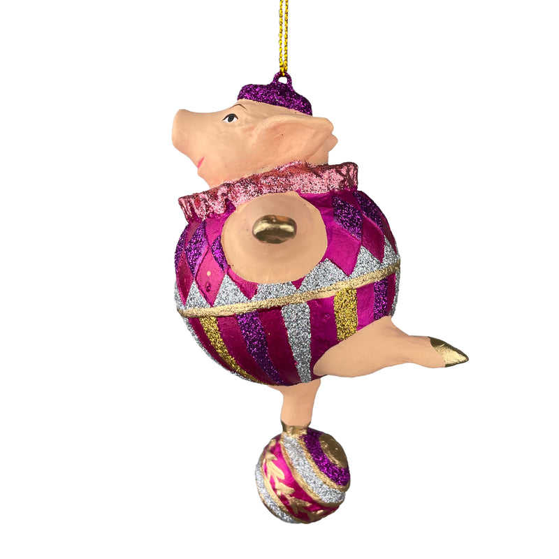 Christbaumschmuck Figur Schwein Sportler fitnessstudio Ball handbemalt Weihnachten Baumschmuck Deko Hänger Christbaumschmuck 10 cm (pink-silber)