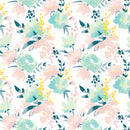 Wachstuchtischdecke PVC "Spring flowers" mintgrün rosa gelb Blüten Leinenprägung1,4m Breite Länge wählbar