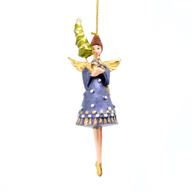 Christbaumschmuck Engel in einem dunkelblau-goldenen Kleid Weihnachten Ornament Anhänger mit Bäumchen 16cm hoch